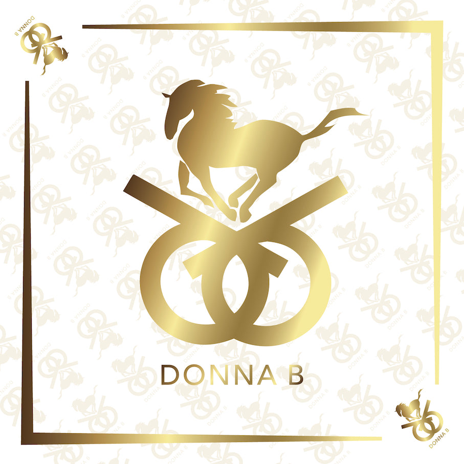 The Donna B Branded Gold Logo Scarf, equestrian silk collection.