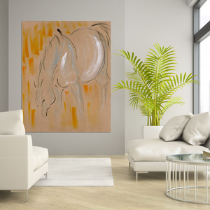 on the wall, horse art in situ, large horse art, horse grazing, pastoral scene, equestrian horses in the field, modern horse art, contemporary horse art, minimal horse art, ink and acrylics, painting on raw linen, mixed media horse art, abstract horse painting, unique original art, textured art, wall decor, epstein chic, ancient horses, eohippus, cave art, cave wall art, cave style, acrylics art, modern style horse, contemporary art