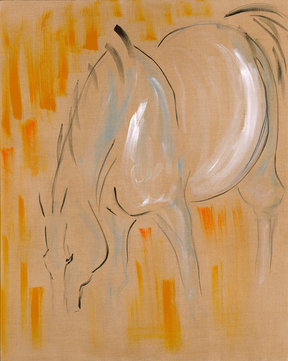 large horse art, horse grazing, pastoral scene, equestrian horses in the field, modern horse art, contemporary horse art, minimal horse art, ink and acrylics, painting on raw linen, mixed media horse art, abstract horse painting, unique original art, textured art, wall decor, epstein chic, ancient horses, eohippus, cave art, cave wall art, cave style, acrylics art, modern style horse, contemporary art