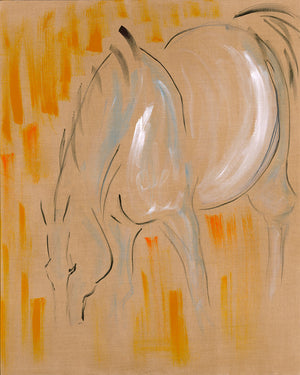 large horse art, horse grazing, pastoral scene, equestrian horses in the field, modern horse art, contemporary horse art, minimal horse art, ink and acrylics, painting on raw linen, mixed media horse art, abstract horse painting, unique original art, textured art, wall decor, epstein chic, ancient horses, eohippus, cave art, cave wall art, cave style, acrylics art, modern style horse, contemporary art