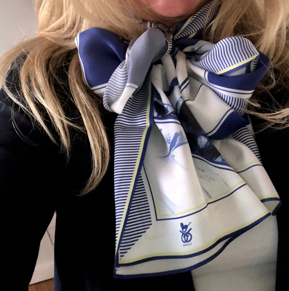 Equestrian Silk Scarf - Checkmate Blue & Gold Long
