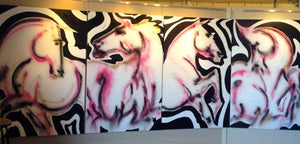 pink and black art, horse art, Large scale dynamic! A four-panel piece, my modern take on the traditional carousel. Imaginary horses, colorful and full of flamboyant gestures. good feng shui