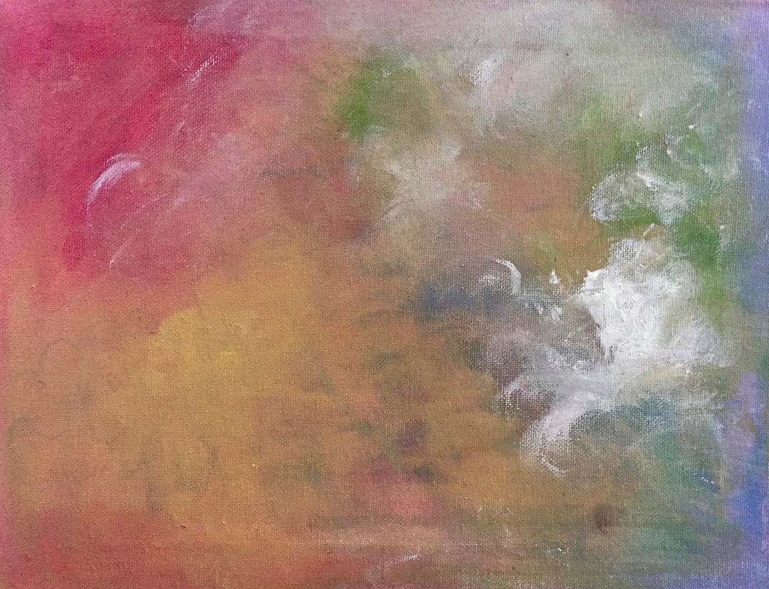 red sky, gold sky, white clouds, meditative art, small painting, small art for sale,  abstract art, oils, mixed media