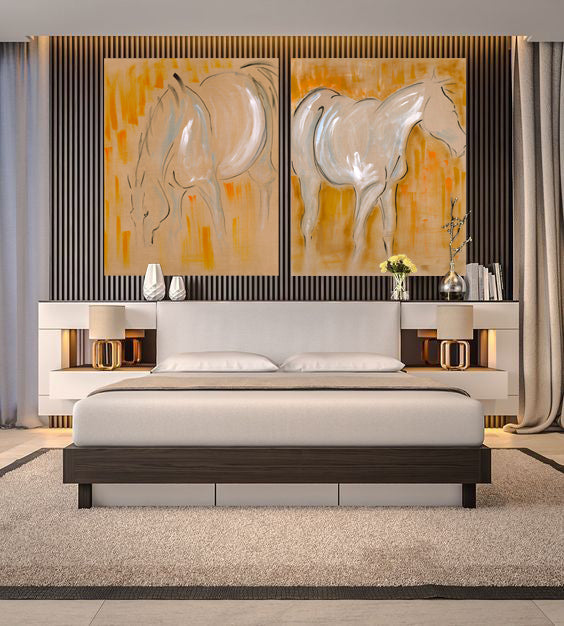 horse painting, horses in situ, horses watching, horse dynamic, equestrian arts, large horse art, horse grazing, pastoral scene, equestrian horses in the field, modern horse art, contemporary horse art, minimal horse art, ink and acrylics, painting on raw linen, mixed media horse art, abstract horse painting, unique original art, textured art, wall decor, epstein chic, ancient horses, eohippus, cave art, cave wall art, cave style, acrylics art, modern style horse, contemporary art