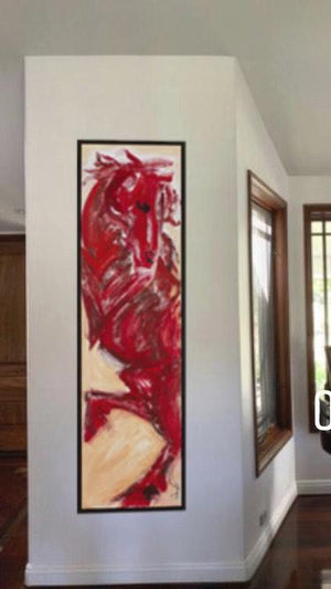big red,red horse, red painting, rd abstract horse, modern horse art, horse art, equine art, equine panting, rearing horse, wild horse, equestrian art, wild red horses, vertical painting, framed art, custom framed, thoroughbred