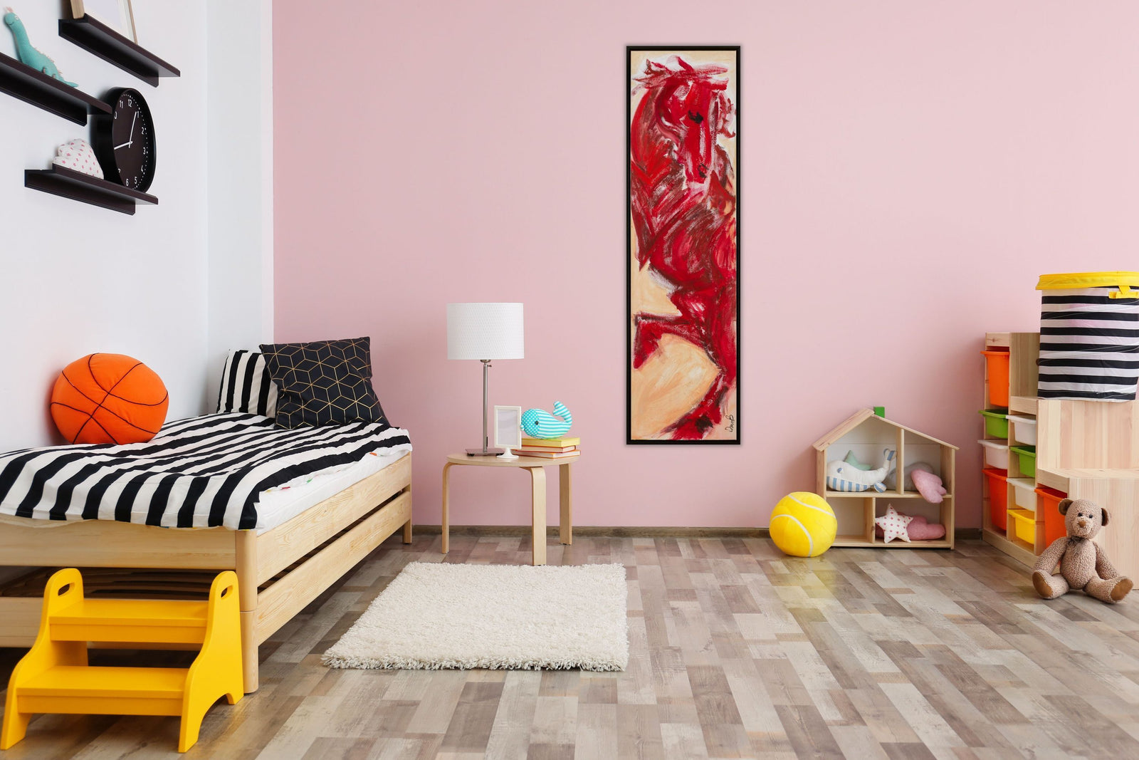 red horse, red painting, rd abstract horse, modern horse art, horse art, equine art, equine panting, rearing horse, wild horse, equestrian art, wild red horses, vertical painting, framed art, custom framed